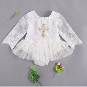 White Lace Long Sleeve Girl Outfit Clothes Dress Christening Baptism romper